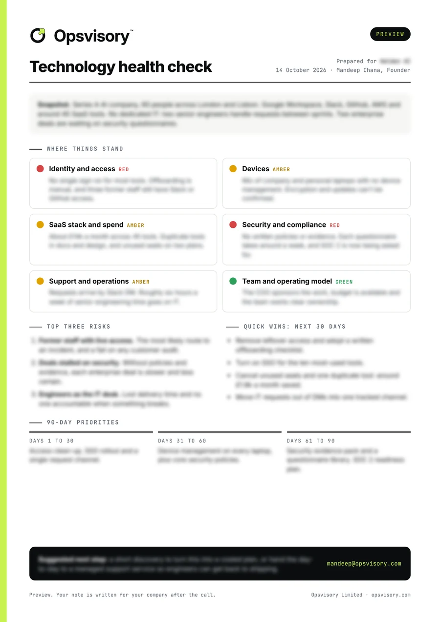 Preview of the one-page health check note, with findings blurred